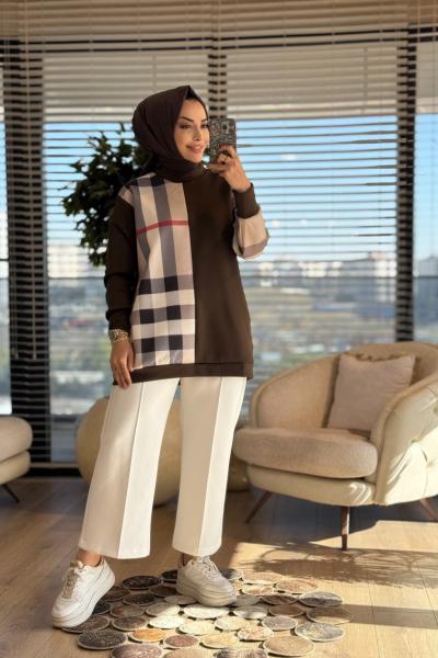 24061 Sol Taraf Kare Desenli Tunik Kahve