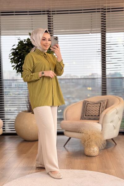 24097 Boyuna Çizgili Gömlek Yağ Yeşili