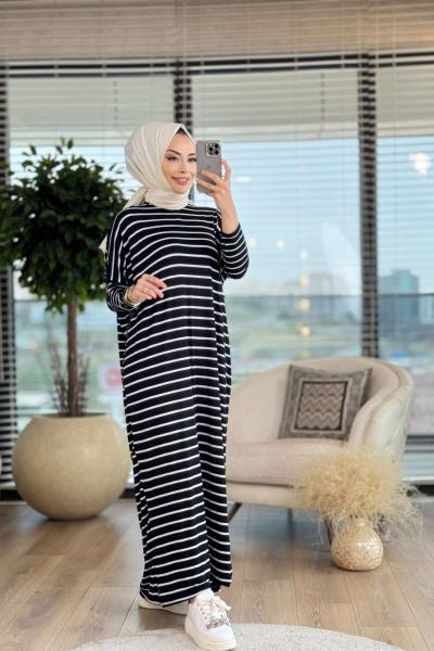 24121 Penye Enine Kalın Çizgili Elbise Siyah