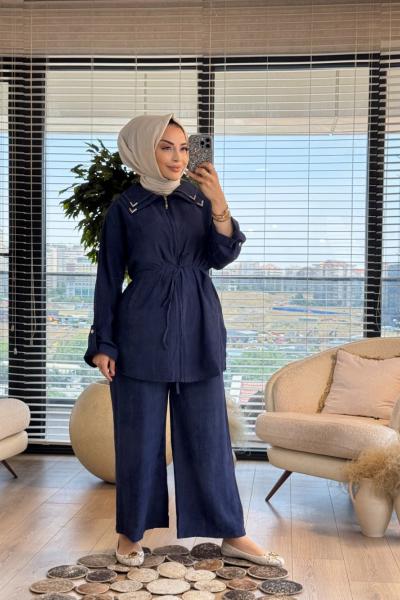 24137 Batık Gofre Ön Fermuarlı Ceket Lacivert