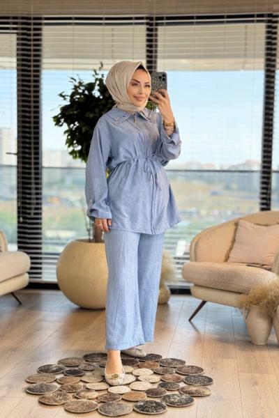 24137 Batık Gofre Ön Fermuarlı Ceket Mavi