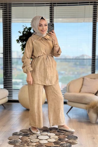 24137 Batık Gofre Ön Fermuarlı Ceket Bej