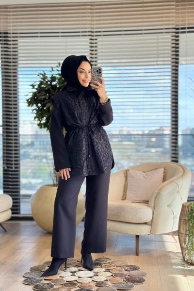 2420 Üst Kabartma Kumaş Bel Bağcıklı Takım Siyah