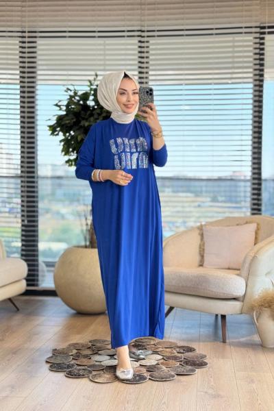 24234-1 Önü Taş Yazı Baskılı Penye Elbise Saks