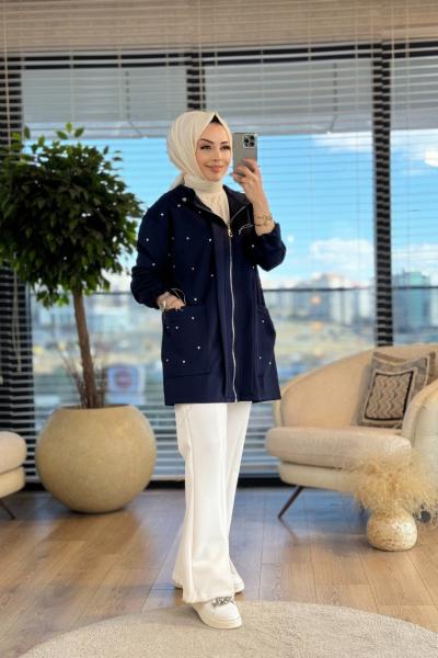 24244 Önü Serpme Taş İşlemeli Kapş.Kısa Kap Lacivert