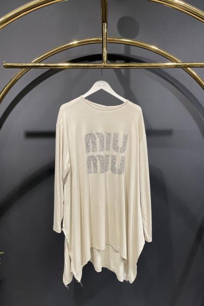 24277 Önü Taş Yazılı Tunik Bej