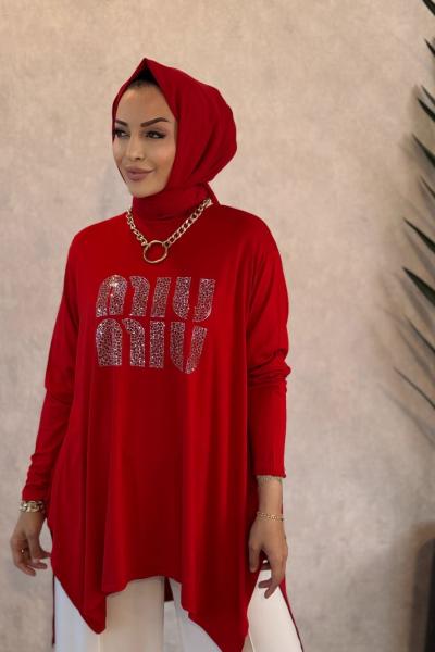 24277 Önü Taş Yazılı Tunik Kırmızı