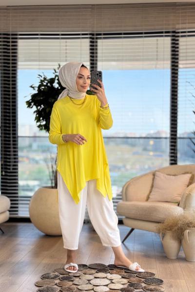 24278 Yanları Yırtmaçlı Penye Tunik Sarı