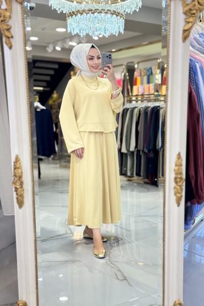 24343 Etek Ucu Parçalı Yarasa Kol Bluz Sarı