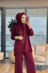 24349 Yanları Düğmeli Simli Triko Takım Bordo
