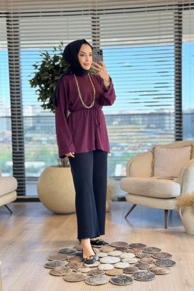 24357 Kendinden Çizgili Kolu Katlamalı Tunik Mürdüm