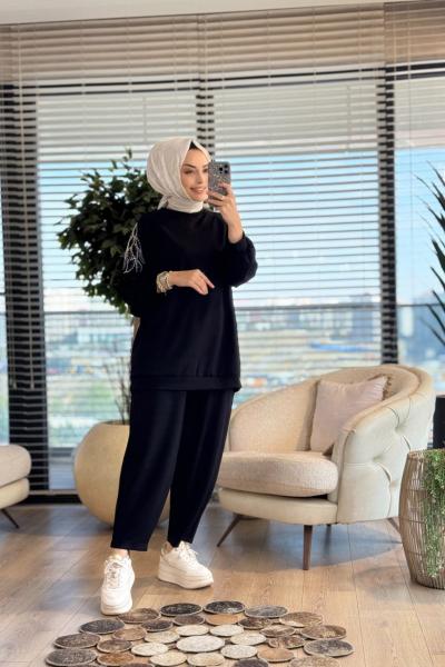 24361 Sol Omzu Boncuk İşli Tunik Siyah