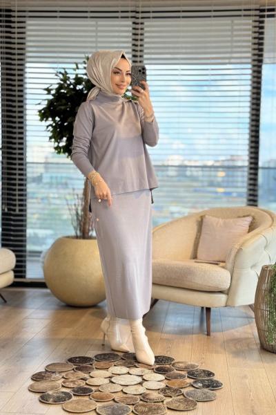 244 Omuz Apoletli Reglankol Triko Etekli Takım Gri