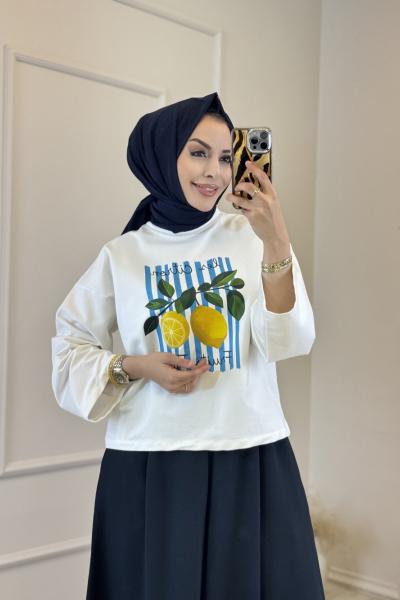 24446-4 Önü Limon Desenli Bluz Ekru