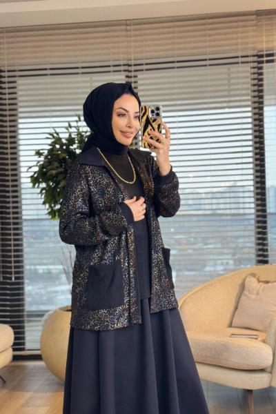 2445 Triko Üst Baskılı Hırka 2li Takım Siyah