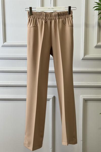 24589 İspanyol Paça Beli Lastikli Pantolon Latte