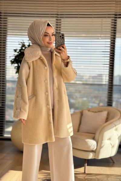 2461 Kolları Trikolu Peluş Kaban Bej