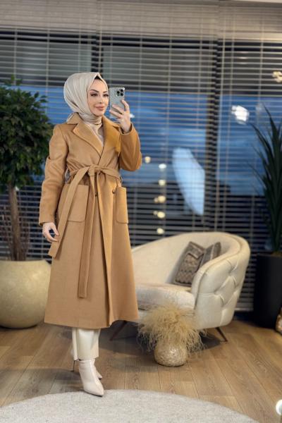 2465 Kaşe Önden Cepli Dört Düğmeli Kaban Camel