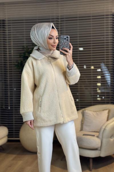 2472 Peluş Fermuarlı Cebi Zincirli Kaban Bej