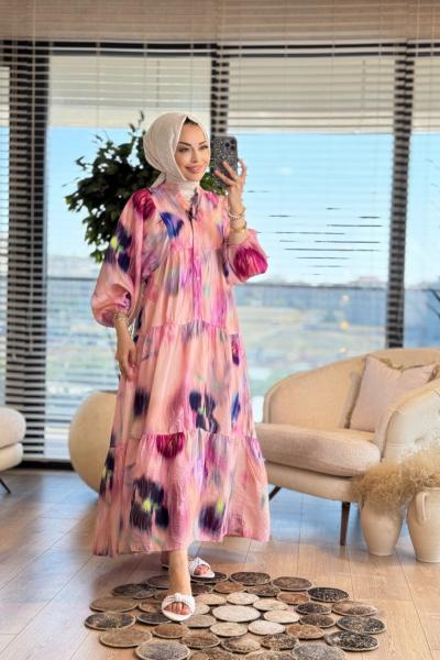 24EL265 Renkli Batik Desen Elbise Pembe