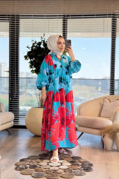 24EL509 İki Renkli V Yaka Elbise Turkuaz