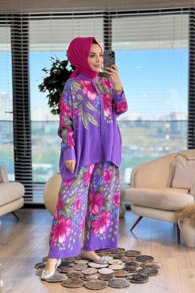 24TK567 Büyük Çiçek Desenli Takım Mor