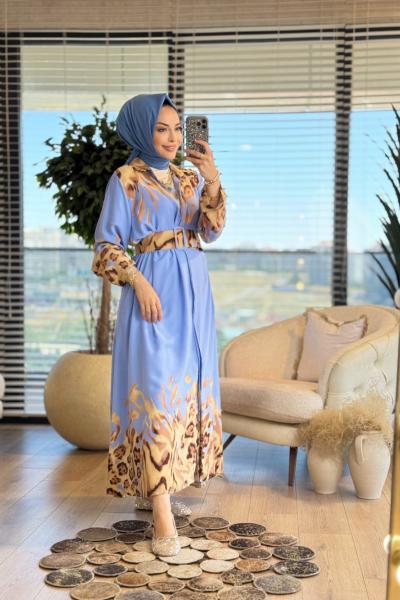 24TN484 Yaka Etek Ve Kol Ucu Leoparlı Tunik İndigo