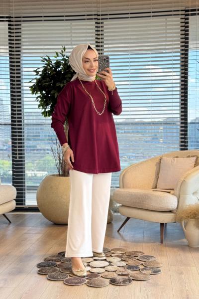 25004 Eteği Oval Sıfır Yaka Triko Tunik Bordo