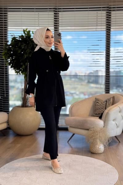 25015 Kolu İncili Fermuarlı Takım Siyah