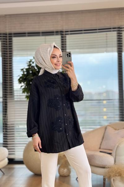 2502002 Çiçek Desenli Taşlı Londra Gömlek Siyah