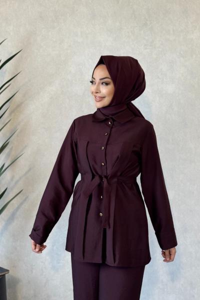 250337 Beli Kuşaklı Şık Pantolonlu Takım Bordo