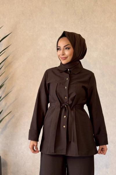 250337 Beli Kuşaklı Şık Pantolonlu Takım Kahve