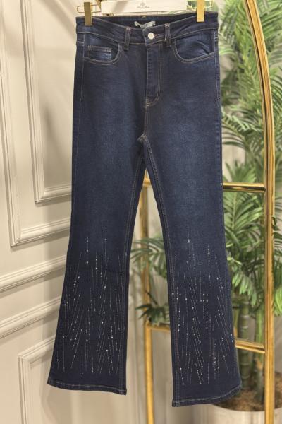 25077 Kot İspanyol Paça Taşlı Pantolon Lacivert