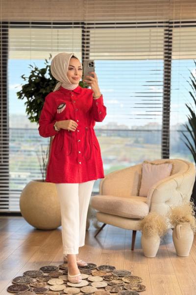 25086 Göz Boncuk Broşlu Beli Bağcıklı Gömlek Kırmızı