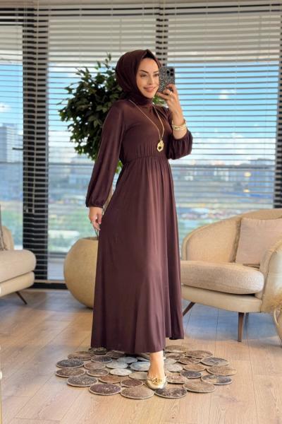 25119 Beli Lastikli Penye Elbise Kahve