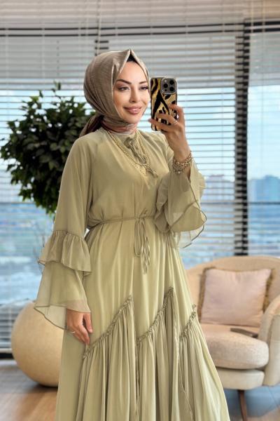 25133 Şifon Kol Ve Etek Ucu Fırfırlı Elbise Çağla