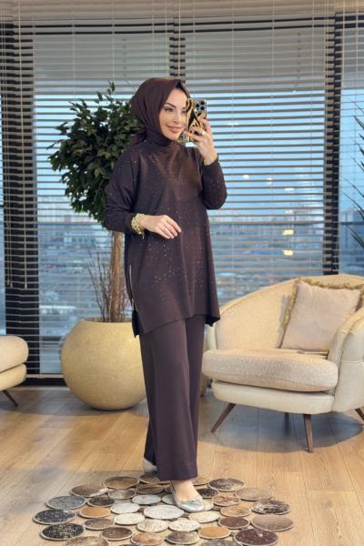 25193 Ön Taş Baskı Yandan Fermuarlı Takım Kahve