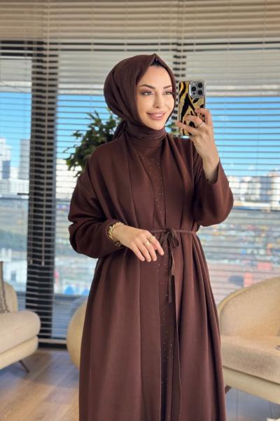 25204 Hırkalı İçi Taş Baskılı  İkili Takım Kahve