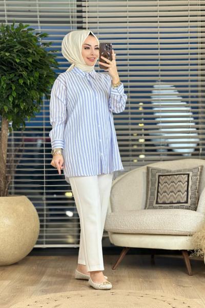 2532 Çizgili Dökümlü Gömlek Mavi