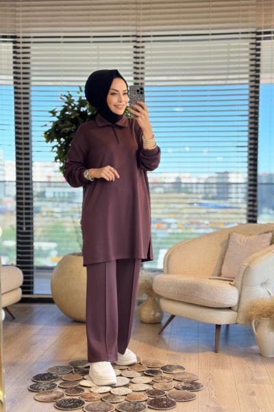 2564 Patı Fermuarlı Polo Yaka Takım Kahve