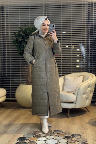 2565 Batik Kapitone Kapşonlu Uzun Kaban Haki