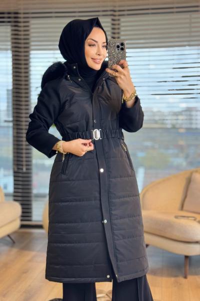 2582 Kombinli Kapitone Kapşonu Kürklü Kaban Siyah