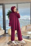 2583 Yanları Düğmeli Triko Takım Bordo