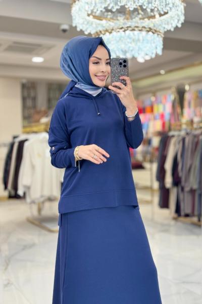 2597 Kapşonlu Etekli Triko Takım Lacivert