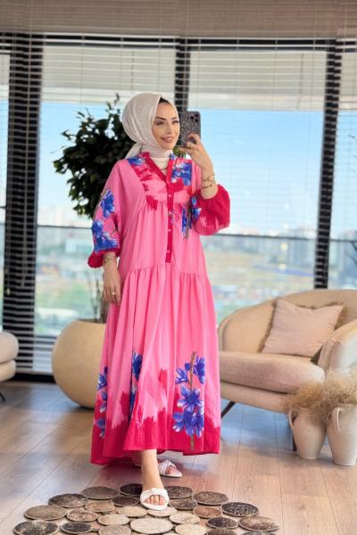 25EL426 Büyük Menekşe Desen Elbise Fuşya
