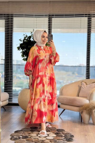 25EL459-3 Desenli V Yaka Düğmeli Elbise Mercan