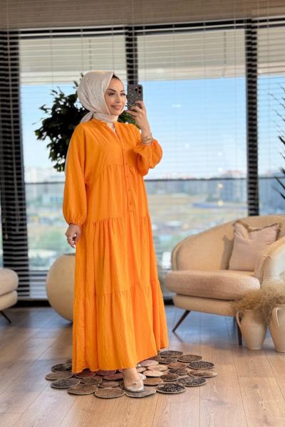 25EL463 V Yaka Düğmeli Düz Elbise Oranj