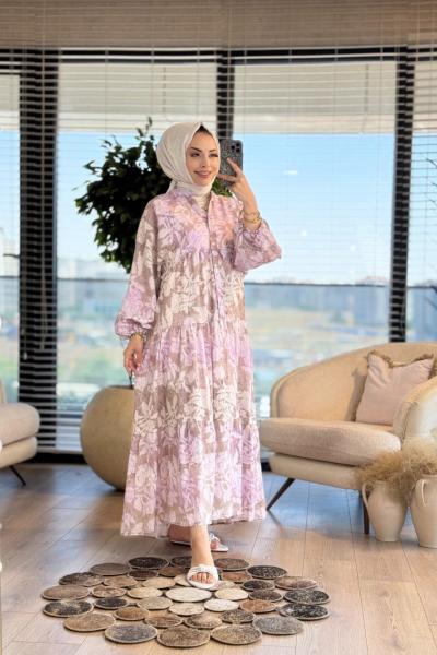 25EL490 Batik Çiçek Desenli V Yaka Elbise Lila