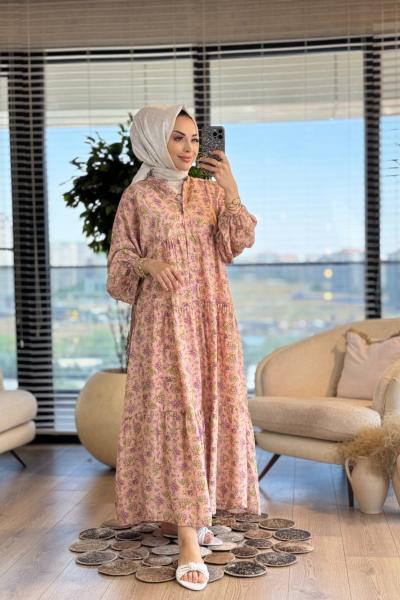 25EL534 Çiçek Desenli V Yaka Elbise Pudra