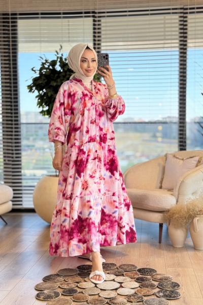 25EL535 Batik Desen V Yaka Düğmeli Elbise Bordo